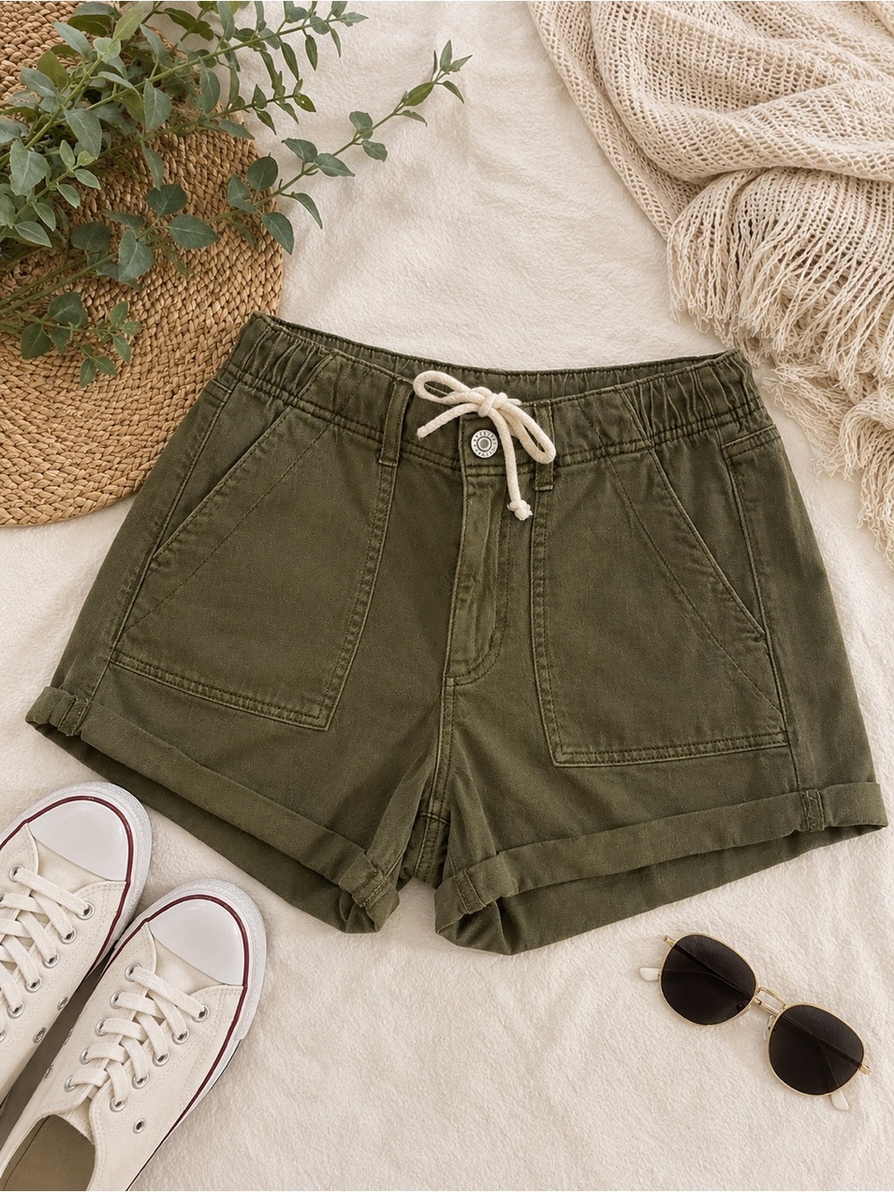 American Eagle Casual Olive Drawstring Denim Cargo Shorts
